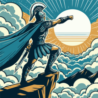 Kämpfer mit Helm, Umhang und Schwert steht auf Felsen und blickt mit ausgestreckter Faust auf eine Sonne über Wolken und Bergen