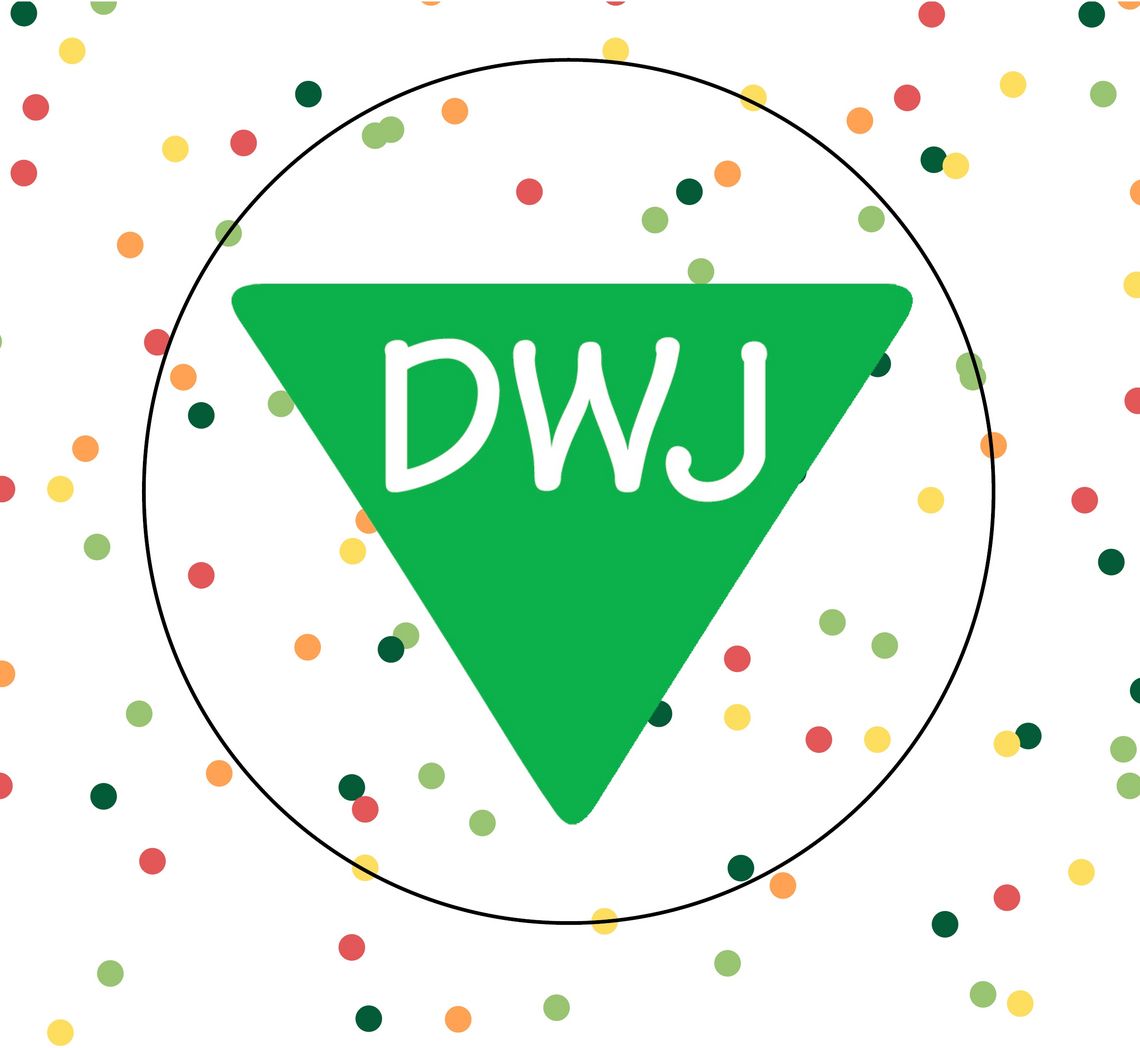 Das Bild zeigt das DWJ Logo mit einem Kreis drum herum und als Hintergrund weiß mit bunten Flecken. Die Flecken sollen dem Sehtest bei Farbsehschwächen ähneln.
