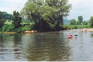 Menschen paddeln in Kanus auf einem ruhigen Fluss, umgeben von grünen Bäumen und Wiesen. Einige Personen stehen am Ufer und genießen die Natur.
