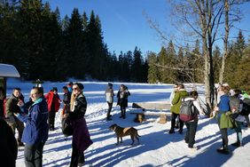 Eine Gruppe von jungen Menschen im Schnee. Die Gruppe wird von heller Sonne bestrahlt und im Hintergrund sieht man dunkle Tannen des Erzgebirges. In der Mitte ein Hund, der auf ein Leckerlie wartet.