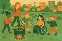 Ein gezeichnetes Bild von Kindern um ein Lagerfeuer. Ein Kind ist im Rollstuhl. Die Kinder haben Stöcke und freuen sich.