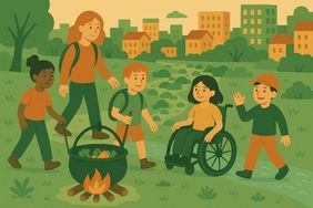 Ein gezeichnetes Bild von Kindern um ein Lagerfeuer. Ein Kind ist im Rollstuhl. Die Kinder haben Stöcke und freuen sich.