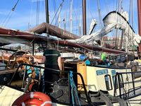 Segelschiff mit braunem Segel, auf dem 'RIVAL' steht, Person mit schwarzem T-Shirt am Steuer, orangefarbener Rettungsring am Geländer.