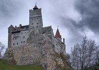 Das Bild zeigt eine sehr berühmte Burg, wo angeblich Graf Dracula lebte. Das Wetter ist bewölkt und macht die Stimmung düster und misteriös.